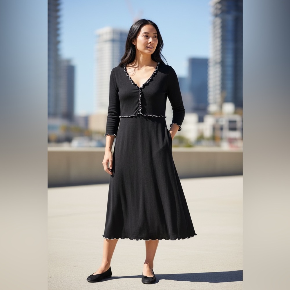 Studio M Black Ribbed Midi Dress-Style Skirt with Lettuce Trim